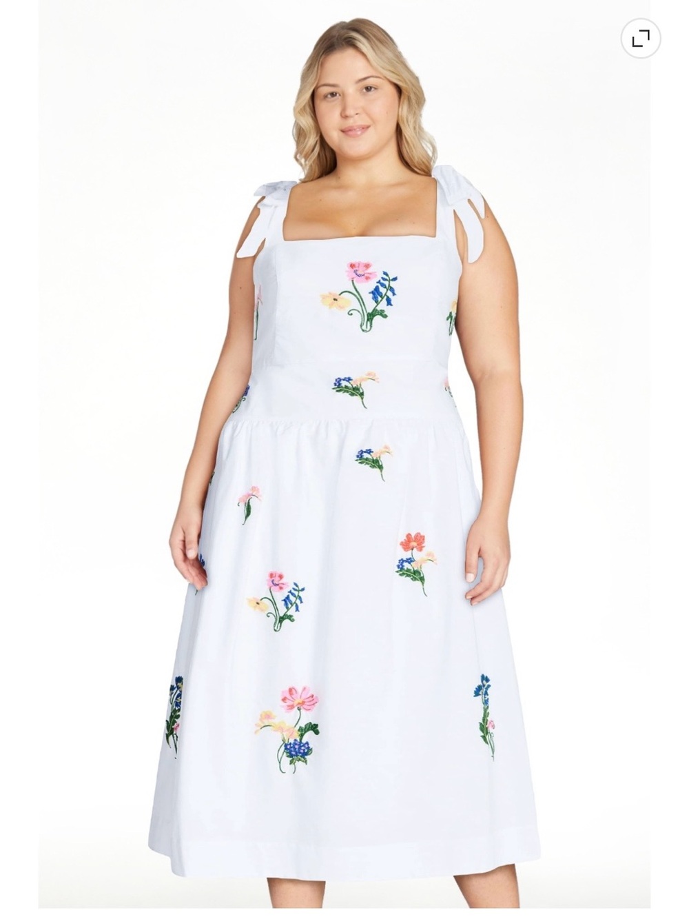 Plus Tie-Shoulder Light Blue Floral Embroidered Midi Dress